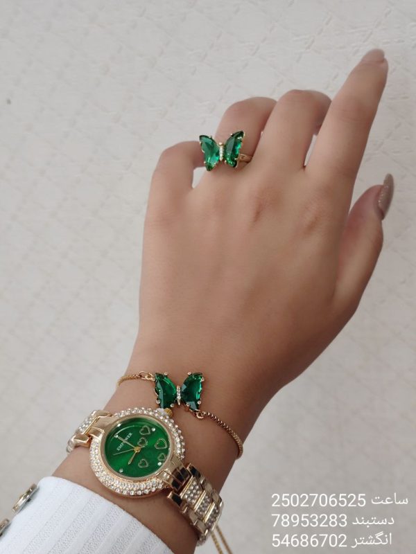 ست 3 تیکه هدیه دخترانه ساعت، دستبند و انگشتر طرح پروانه رنگ سبز