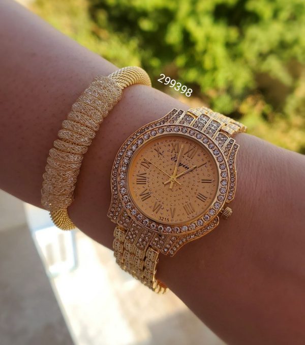 ست جدید ساعت و دستبند طلایی نگیندار زنانه