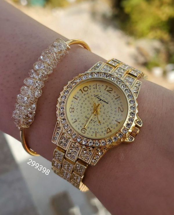 ست ساعت و دستبند نگیندار زنانه طلایی