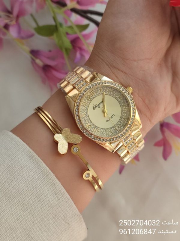 ست ساعت و دستبند طلایی طرح پروانه