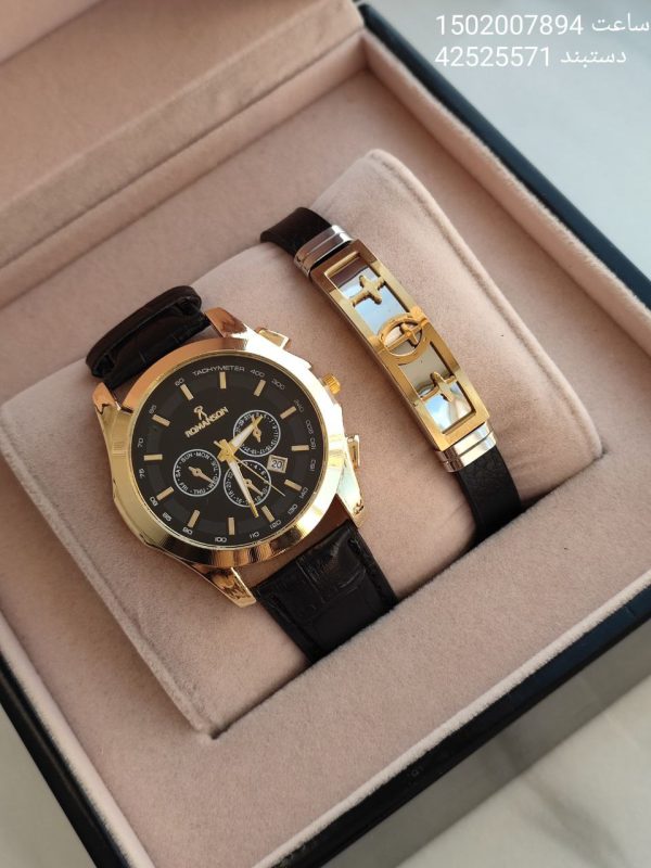 ست هدیه مردانه ساعت و دستبند مشکی طلایی طرح صلیب مردانه