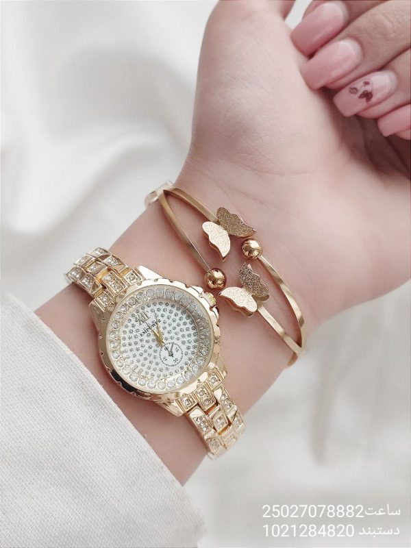 ست ساعت و دستبند زنانه طرح پروانه رنگ طلایی