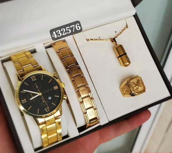 باکس هدیه اکسسوری مردانه ساعت، دستبند، گردنبند و انگشتر رنگ طلایی ثابت