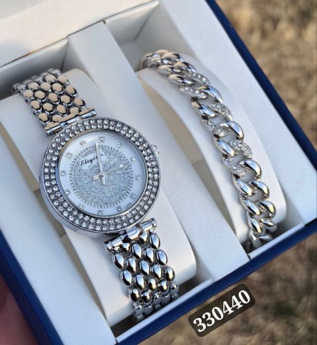 ست ساعت و دستبند زنانه رنگ سیلور کیفیت عالی رنگ ثابت