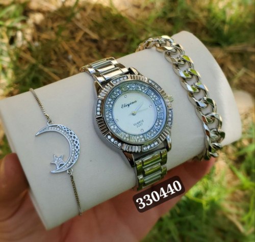 ست ساعت و دستبند زنانه رنگ سیلور کیفیت عالی رنگ ثابت
