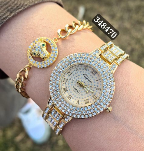 ست ساعت و دستبند زنانه رنگ طلایی کیفیت عالی رنگ ثابت