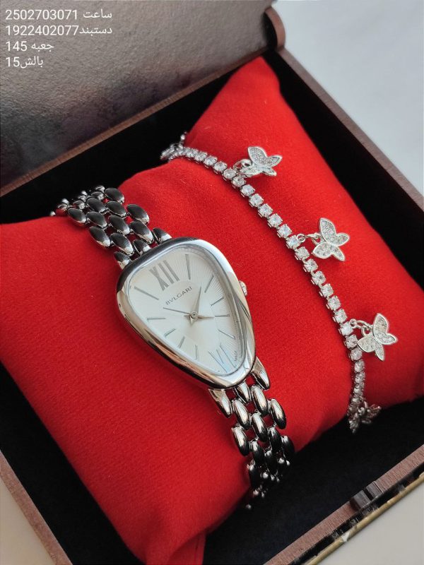 ست ساعت و دستبند زنانه نگین دار رنگ سیلور کیفیت عالی رنگ ثابت