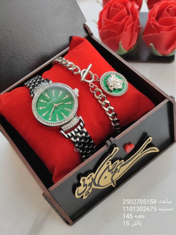 ست ساعت و دستبند زنانه نگین دار رنگ سیلور کیفیت عالی رنگ ثابت