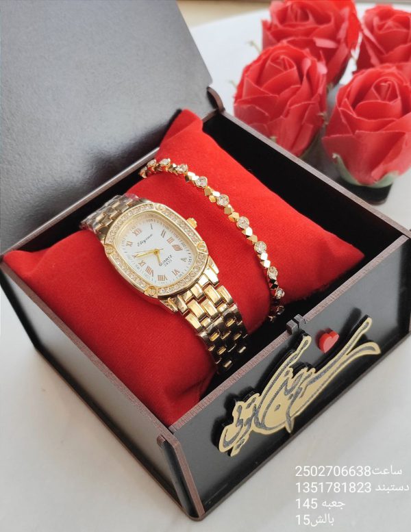 ست ساعت و دستبند زنانه نگین دار رنگ طلایی کیفیت عالی رنگ ثابت