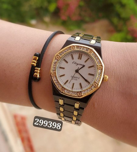ست هدیه ساعت و دستبند زنانه رنگ مشکی طلایی کیفیت عالی رنگ ثابت