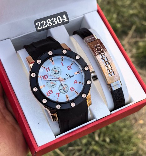 ست هدیه ساعت و دستبند مردانه رنگ مشکی کیفیت عالی رنگ ثابت