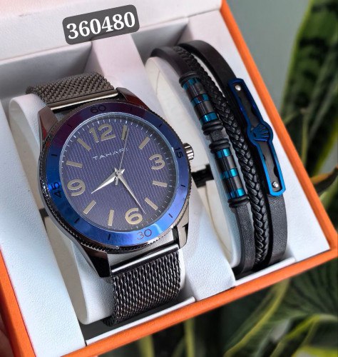 ست هدیه مردانه ساعت و دستبند رنگ ابی مشکی کیفیت عالی رنگ ثابت