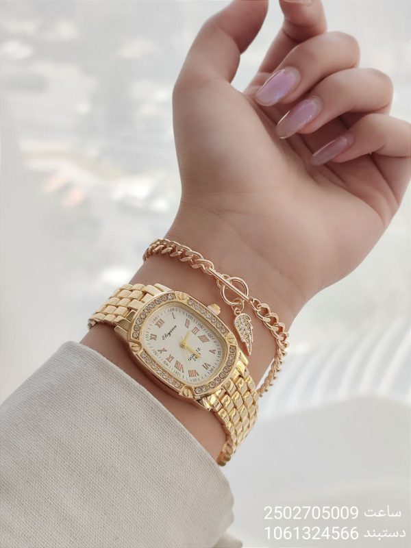 ست ساعت و دستبند زنانه رنگ ثابت استیل نگین دار کیفیت عالی ضد حساسیت