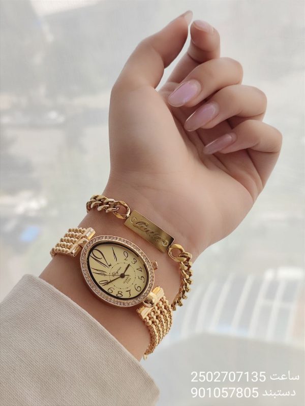 ست ساعت و دستبند زنانه نگین دار رنگ ثابت استیل کیفیت عالی ضد حساسیت