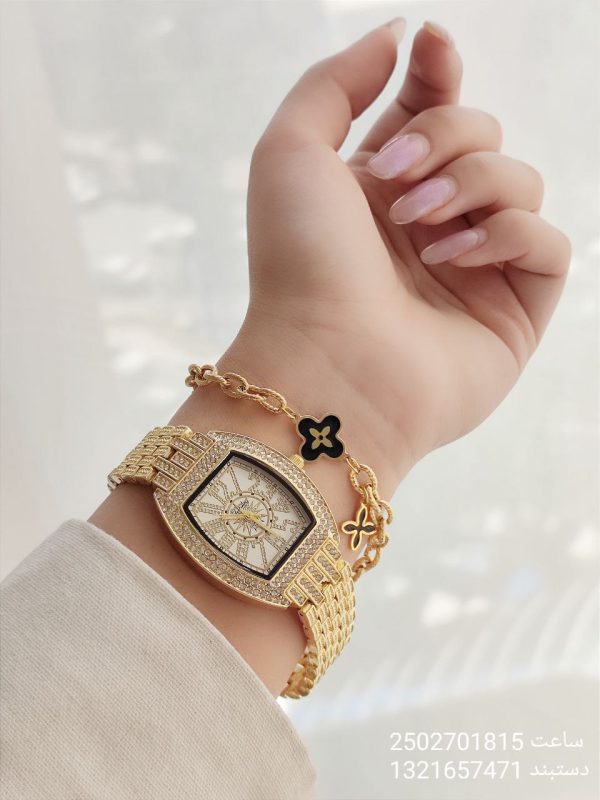 ست ساعت و دستبند زنانه نگین دار رنگ ثابت استیل کیفیت عالی ضد حساسیت