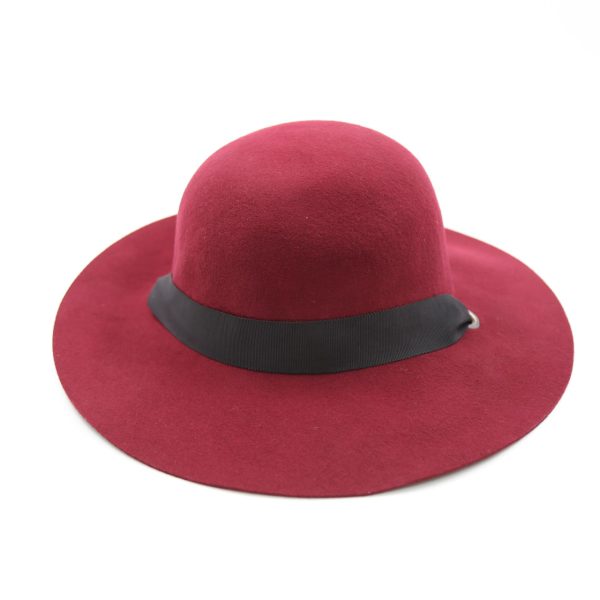 کلاه دخترانه لبه دار رنگ زرشکی کلاسیک نمدی فلاپی باند روبانی آویز