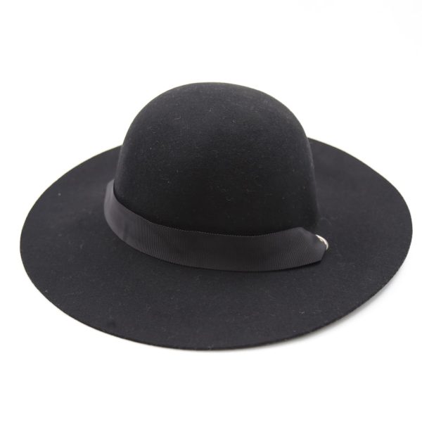 کلاه دخترانه لبه دار رنگ مشکی کلاسیک نمدی فلاپی باند روبانی آویز