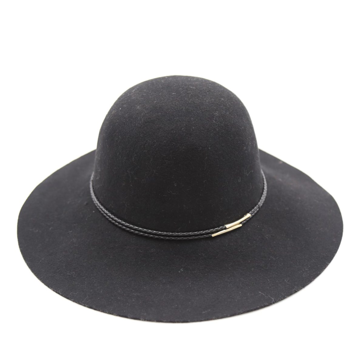 کلاه دخترانه لبه دار رنگ مشکی کلاسیک نمدی فلاپی لبه بلند بند چرمی قیطونی فلزدار