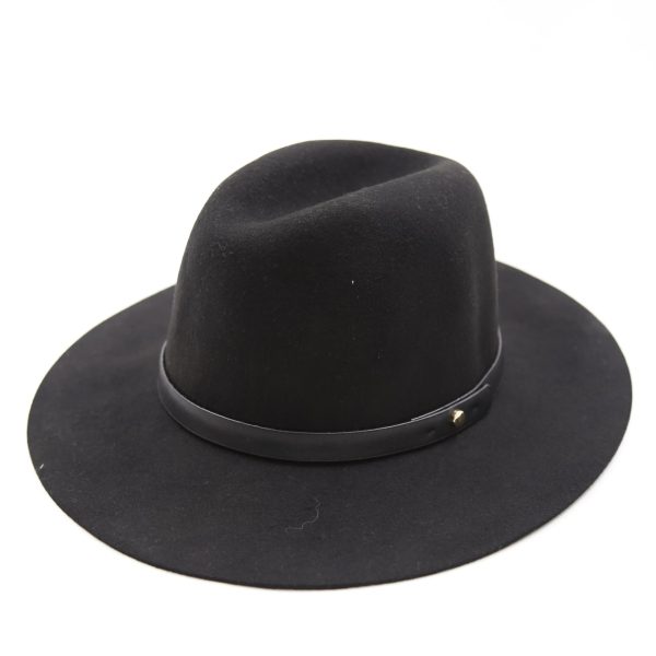 کلاه لبه دار دخترانه کلاسیک رنگ مشکی نمدی فدورا لبه بلند باند چرمی دکمه فلزی