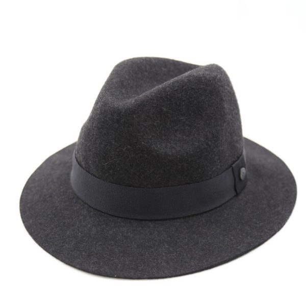 کلاه لبه دار مردانه ذغالی کلاسیک نمدی فدورا باند دکمه دار