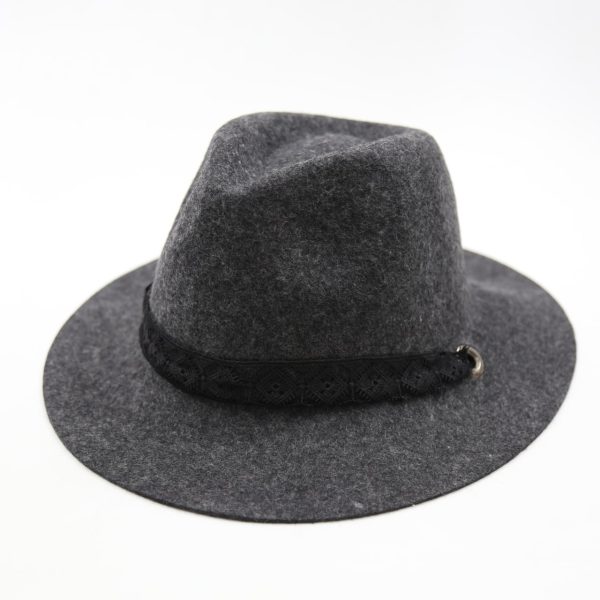 کلاه لبه دار مردانه رنگ ذغالی کلاسیک نمدی فدورا بند بلند گیپور