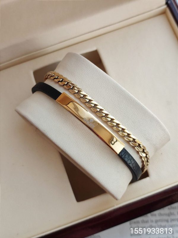 دستبند پسرانه چرمی فلزی طرح رولکس رنگ طلایی
